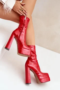 Lakierowane Botki Na Platformie I Wysokim Słupku Czerwone Lotisha