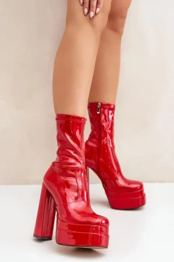 Lakierowane Botki Na Platformie I Wysokim Słupku Czerwone Lotisha