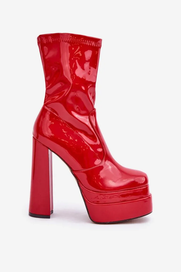 Lakierowane Botki Na Platformie I Wysokim Słupku Czerwone Lotisha