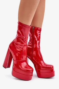 Lakierowane Botki Na Platformie I Wysokim Słupku Czerwone Lotisha