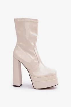 Lakierowane Botki Na Platformie I Wysokim Słupku Beżowe Lotisha