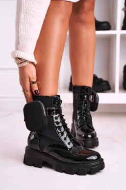 Lakierowane Botki Na Platformie Z Nerką Czarne Army