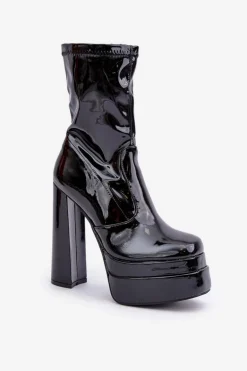 Lakierowane Botki Na Platformie I Wysokim Słupku Czarne Lotisha