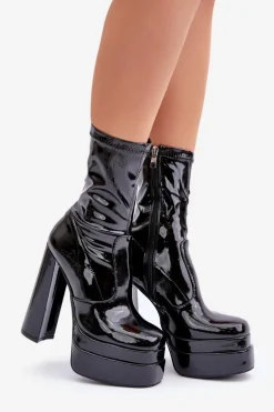 Lakierowane Botki Na Platformie I Wysokim Słupku Czarne Lotisha