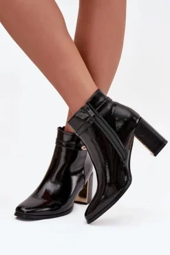 Lakierowane Botki Na Słupku Z Paskiem Czarne Dorelia