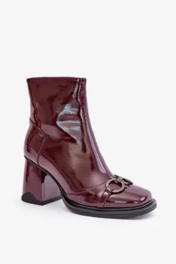 Lakierowane Botki Na Słupku Ocieplane Z Ozdobą D&A MR880-021 Bordowe