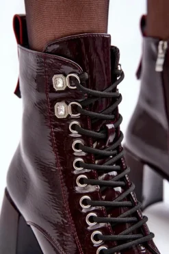 Lakierowane Botki Na Słupku Sznurowane Bordowe S.Barski MR870-06