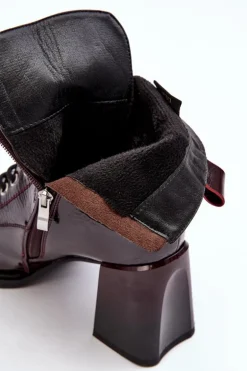 Lakierowane Botki Na Słupku Sznurowane Bordowe S.Barski MR870-06