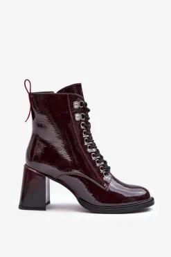 Lakierowane Botki Na Słupku Sznurowane Bordowe S.Barski MR870-06