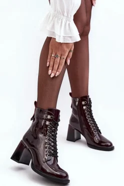 Lakierowane Botki Na Słupku Sznurowane Bordowe S.Barski MR870-06