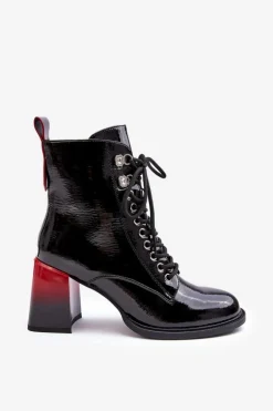Lakierowane Botki Na Słupku Sznurowane D&A MR870-06 Czarne