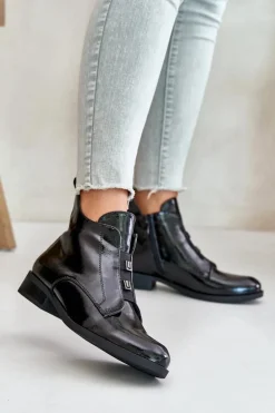 Lakierowane Botki Na Zamek Ocieplane Płaski Obcas S.Barski HY42-717 Czarne