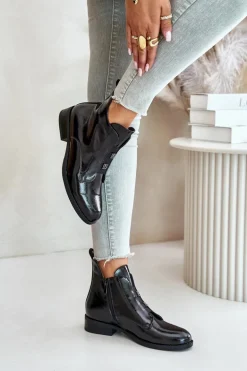 Lakierowane Botki Na Zamek Ocieplane Płaski Obcas S.Barski HY42-717 Czarne