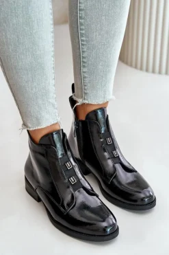 Lakierowane Botki Na Zamek Ocieplane Płaski Obcas S.Barski HY42-717 Czarne