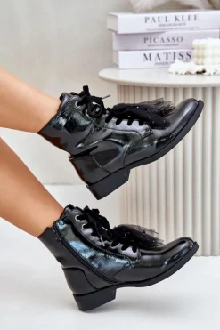 Lakierowane Botki Ocieplane Na Zamek S.Barski HY42-991 Czarne