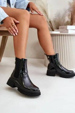 Lakierowane Botki Sztyblety Na Zamek Ocieplane Czarne Groesta
