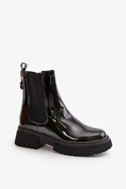 Lakierowane Botki Sztyblety Na Zamek Ocieplane Czarne Groesta