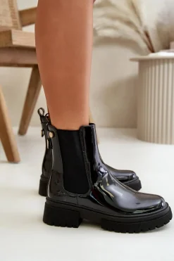 Lakierowane Botki Sztyblety Na Zamek Ocieplane Czarne Groesta