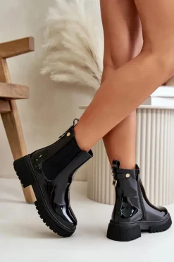 Lakierowane Botki Sztyblety Na Zamek Ocieplane Czarne Groesta