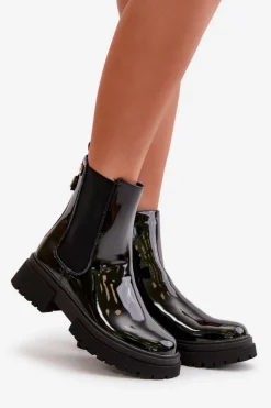 Lakierowane Botki Sztyblety Na Zamek Ocieplane Czarne Groesta