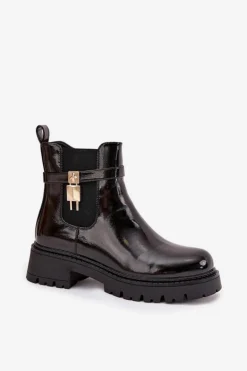 Lakierowane Botki Sztyblety Ocieplane Ze Złotym Detalem Czarne Talyra