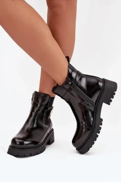 Lakierowane Botki Sztyblety Ocieplane Ze Złotym Detalem Czarne Talyra