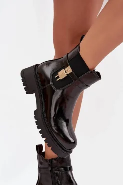 Lakierowane Botki Sztyblety Ocieplane Ze Złotym Detalem Czarne Talyra