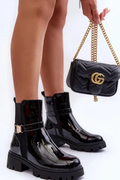 Lakierowane Botki Sztyblety Damskie Czarne Elspetia