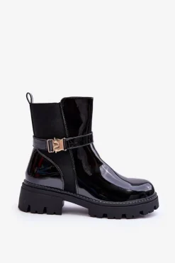 Lakierowane Botki Sztyblety Damskie Czarne Elspetia