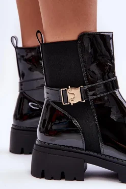 Lakierowane Botki Sztyblety Damskie Czarne Elspetia