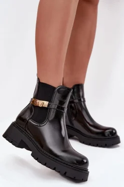 Lakierowane Botki Sztyblety Ocieplane Z Ozdobnym Paskiem Czarne Vivessa