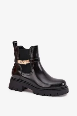 Lakierowane Botki Sztyblety Ocieplane Z Ozdobnym Paskiem Czarne Vivessa