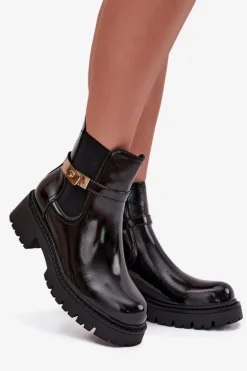Lakierowane Botki Sztyblety Ocieplane Z Ozdobnym Paskiem Czarne Vivessa
