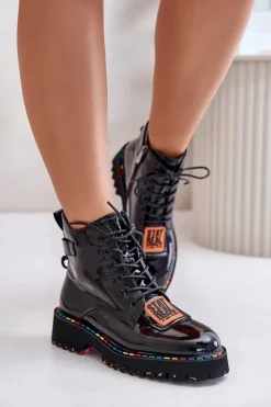 Lakierowane Botki Trapery Damskie Na Zamek Skórzane Artiker 55C0517 Czarne