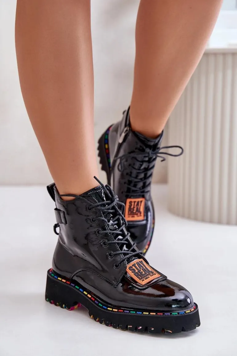 Lakierowane Botki Trapery Damskie Na Zamek Skórzane Artiker 55C0517 Czarne