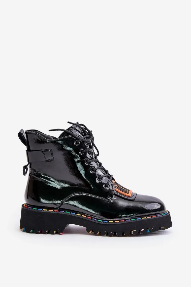 Lakierowane Botki Trapery Damskie Na Zamek Skórzane Artiker 55C0517 Czarne