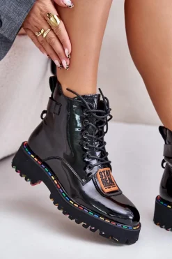 Lakierowane Botki Trapery Damskie Na Zamek Skórzane Artiker 55C0517 Czarne