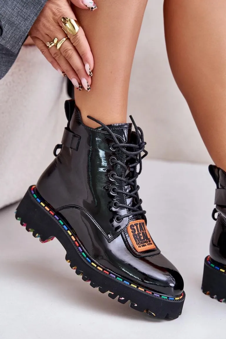 Lakierowane Botki Trapery Damskie Na Zamek Skórzane Artiker 55C0517 Czarne