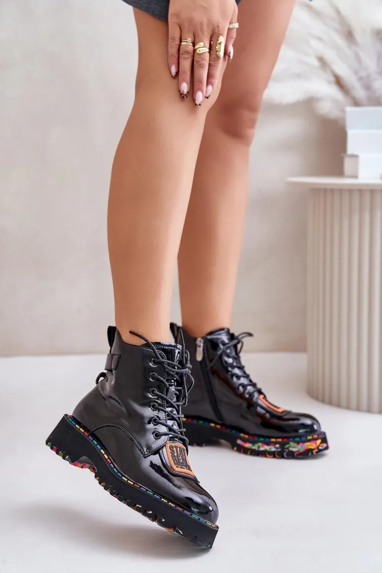 Lakierowane Botki Trapery Damskie Na Zamek Skórzane Artiker 55C0517 Czarne