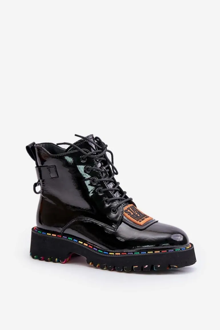 Lakierowane Botki Trapery Damskie Na Zamek Skórzane Artiker 55C0517 Czarne