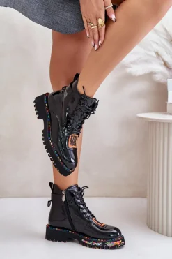 Lakierowane Botki Trapery Damskie Na Zamek Skórzane Artiker 55C0517 Czarne