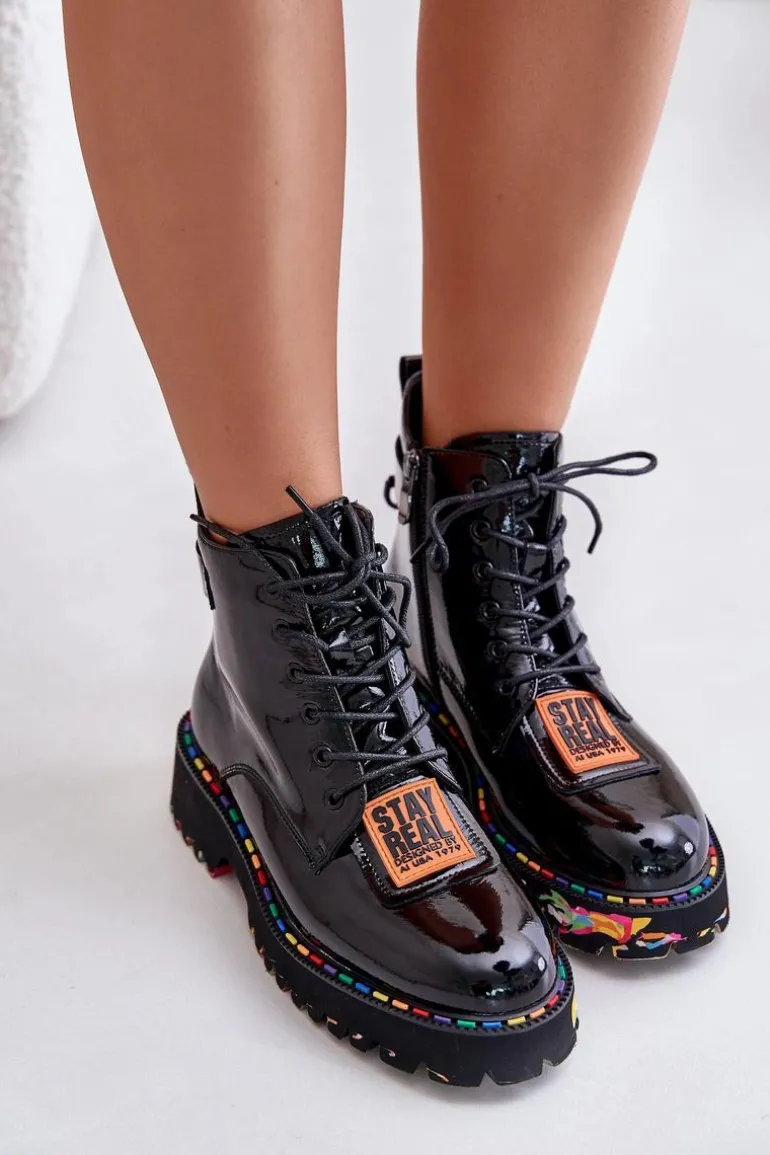 Lakierowane Botki Trapery Damskie Na Zamek Skórzane Artiker 55C0517 Czarne