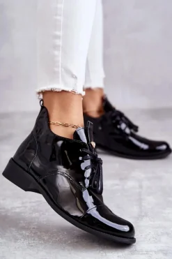 Lakierowane Botki Trzewiki Sznurowane Nicole 2781 Czarne