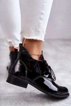 Lakierowane Botki Trzewiki Sznurowane Nicole 2781 Czarne