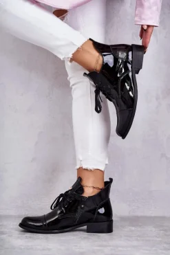 Lakierowane Botki Trzewiki Sznurowane Nicole 2781 Czarne