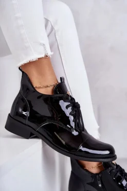 Lakierowane Botki Trzewiki Sznurowane Nicole 2781 Czarne
