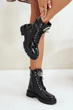 Lakierowane Botki Workery Ocieplane Z Ozdobą Czarne Depisa