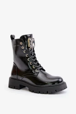 Lakierowane Botki Workery Ocieplane Z Ozdobą Czarne Depisa