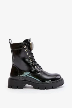 Lakierowane Botki Workery Ocieplane Z Ozdobą Czarne Depisa