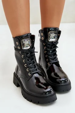 Lakierowane Botki Workery Ocieplane Z Ozdobą Czarne Depisa